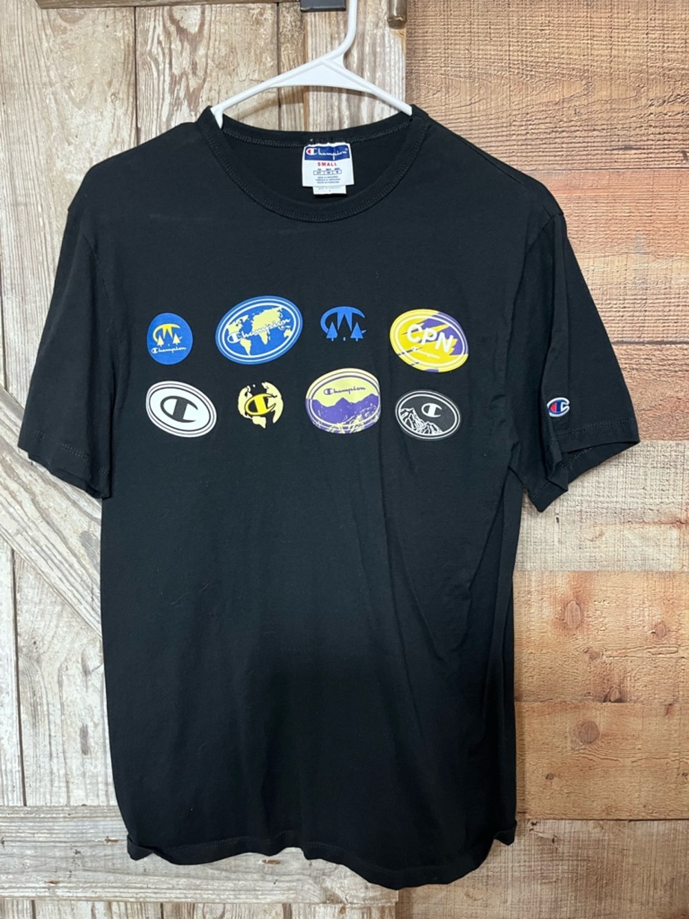 Champion Black Short-Sleeve Tee with Multi-Logo Graphic